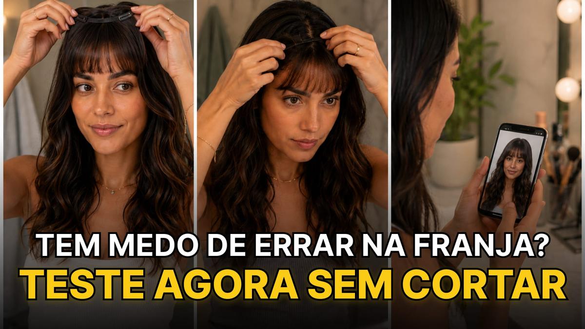 Banner com uma mulher testando franja falsa e o texto "Tem medo de errar na franja? Teste agora sem cortar