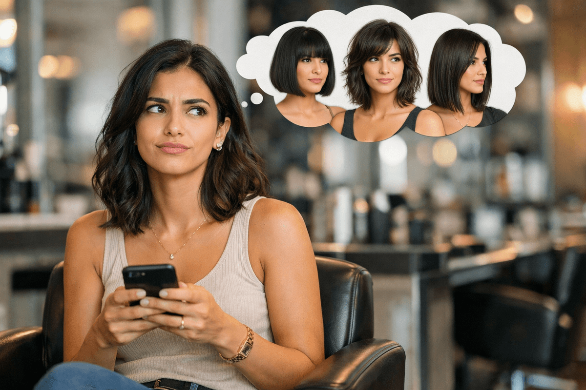 Mulher brasileira com dúvidas sobre qual corte de cabelo escolher da simulação de corte