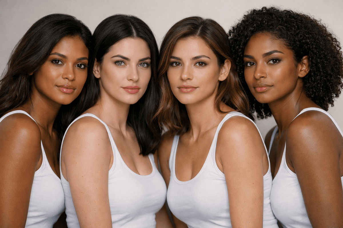 Quatro mulheres brasileiras mostrando diferentes subtons de pele: quente, frio, neutro e oliva