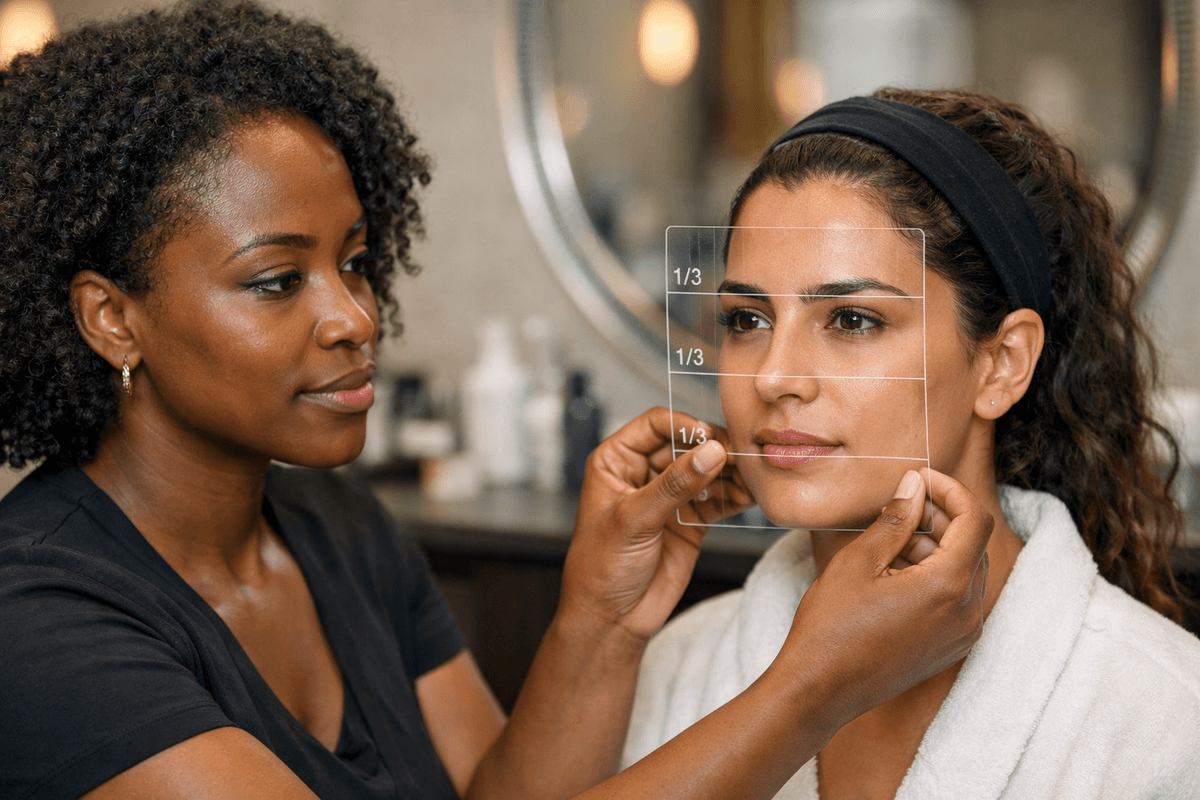 Profissional de visagismo medindo terços faciais de cliente com régua transparente em salão