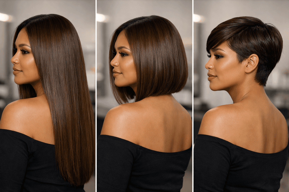 Comparação da transição capilar, do corte de cabelo longo para o médio e depois o curto