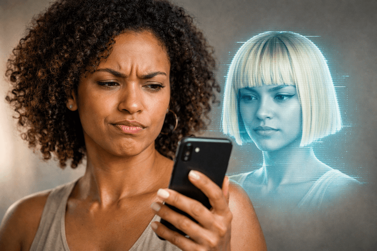 Mulher insatisfeita com o Efeito Capacete em app de filtro 