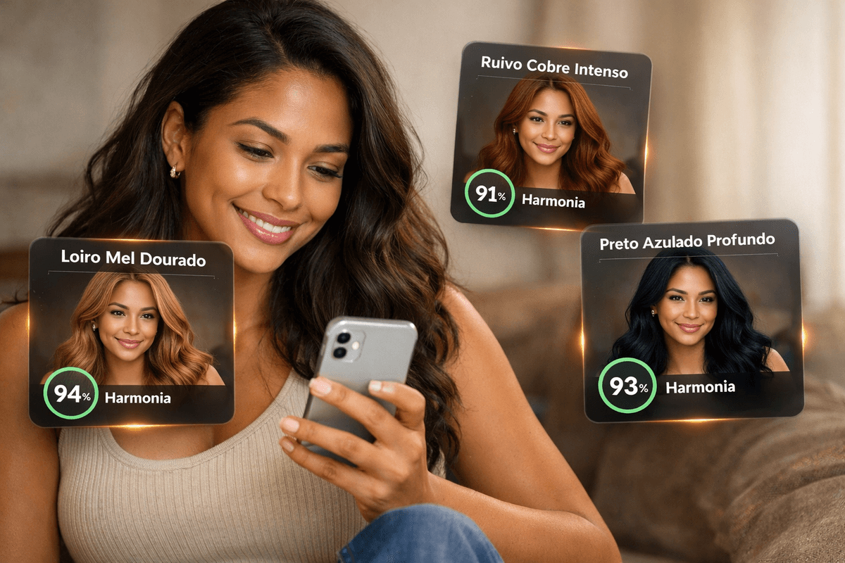 Mulher usando celular para testar mudança de cor de cabelo em ambiente natural