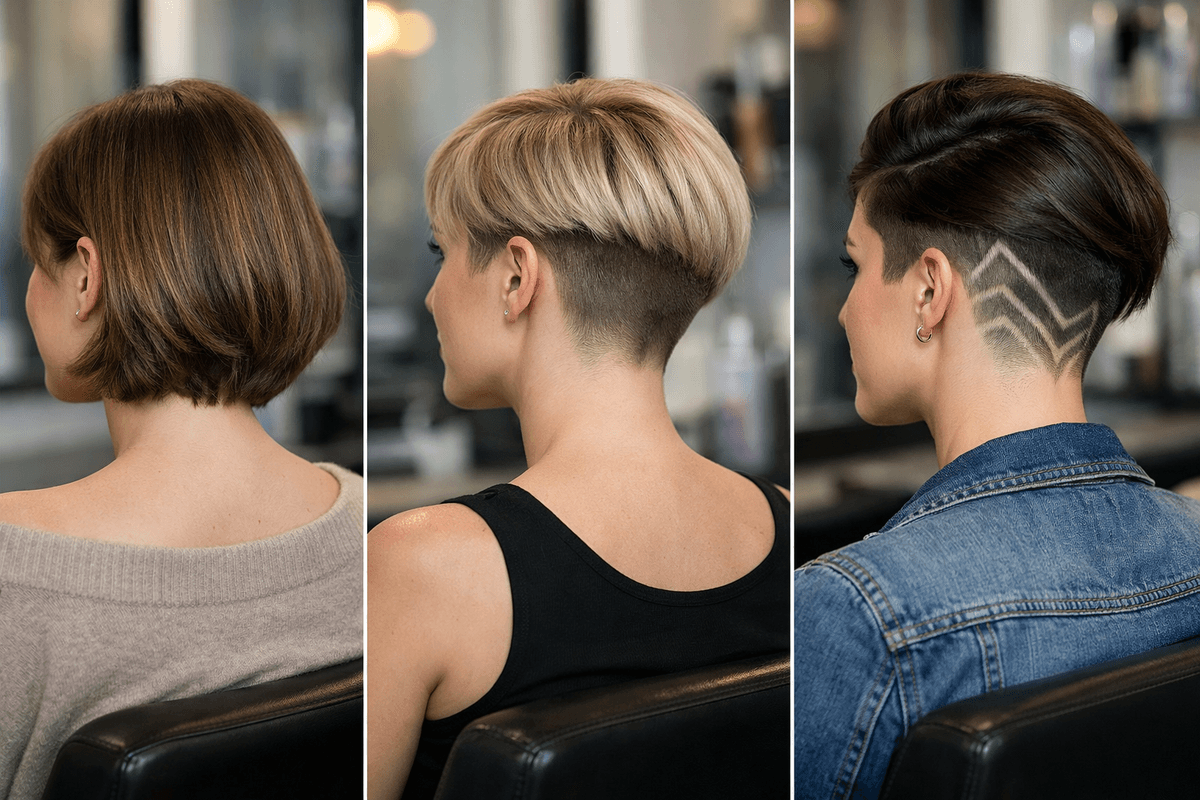 Comparação visual de três níveis de raspado na nuca feminina: escondido, médio e visível