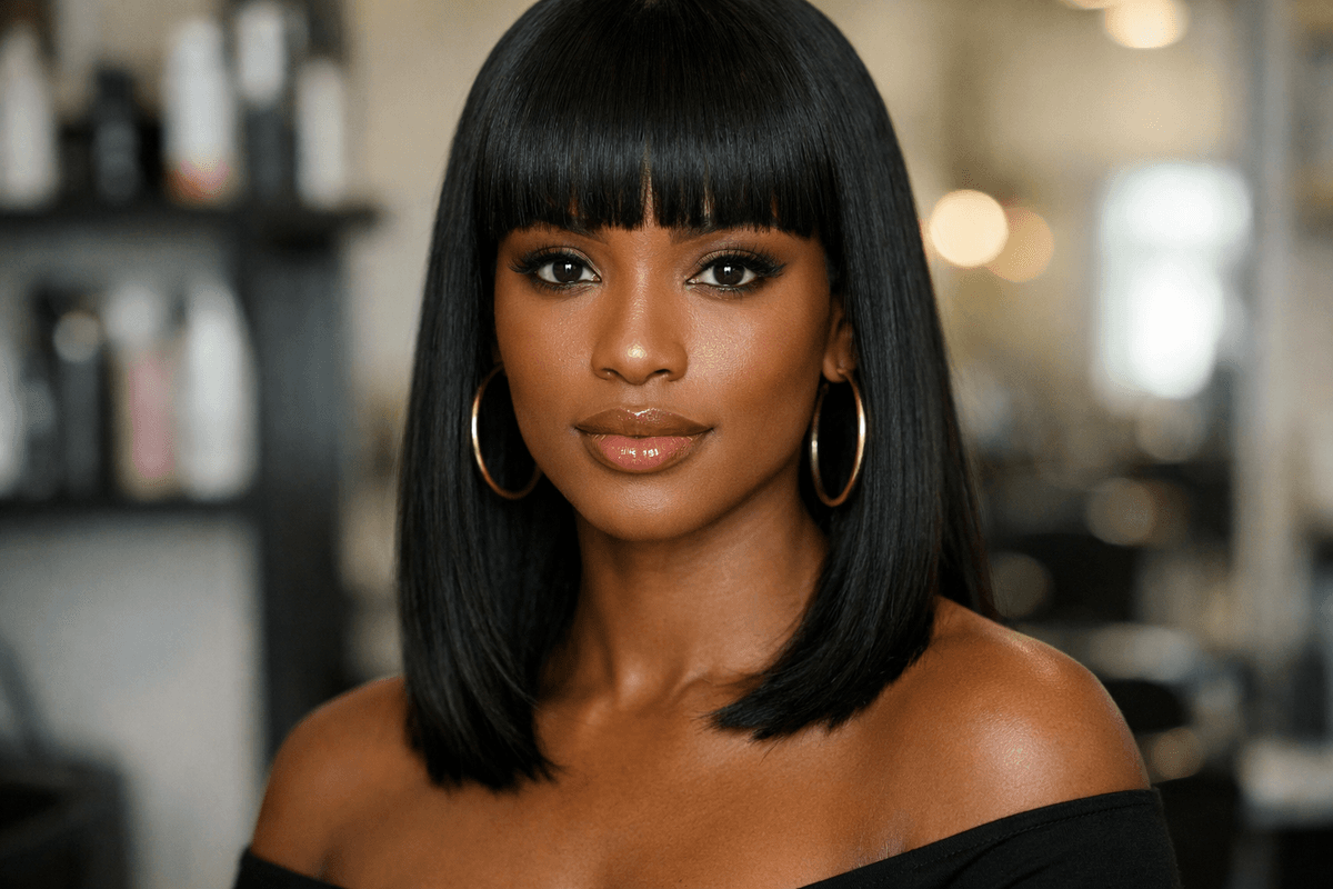 Franja reta média cheia em mulher com rosto oval e cabelo preto liso