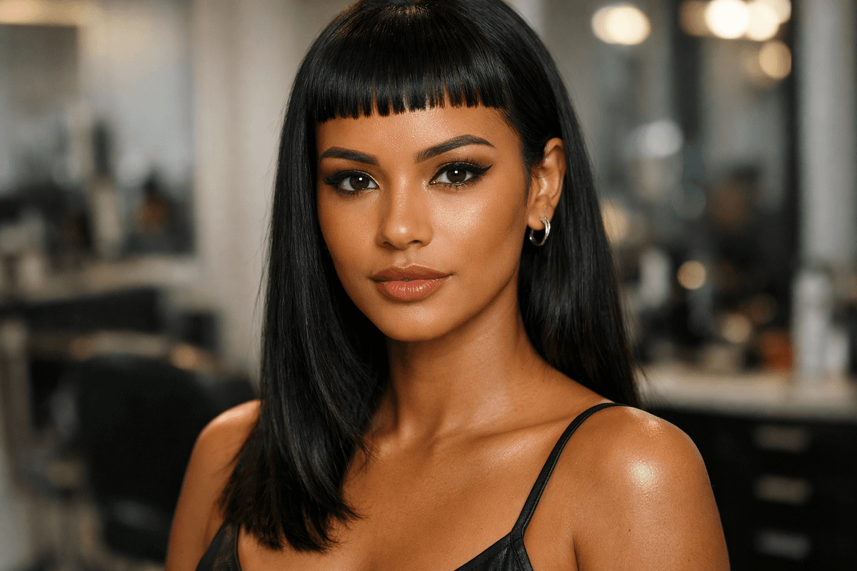 Baby bangs curtíssima reta em mulher com rosto coração e cabelo preto liso