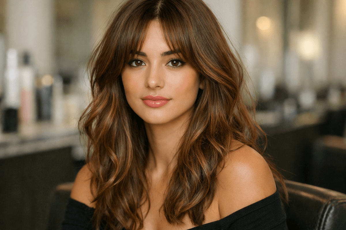 Franja cortina com divisão central em mulher com rosto coração e cabelo ondulado