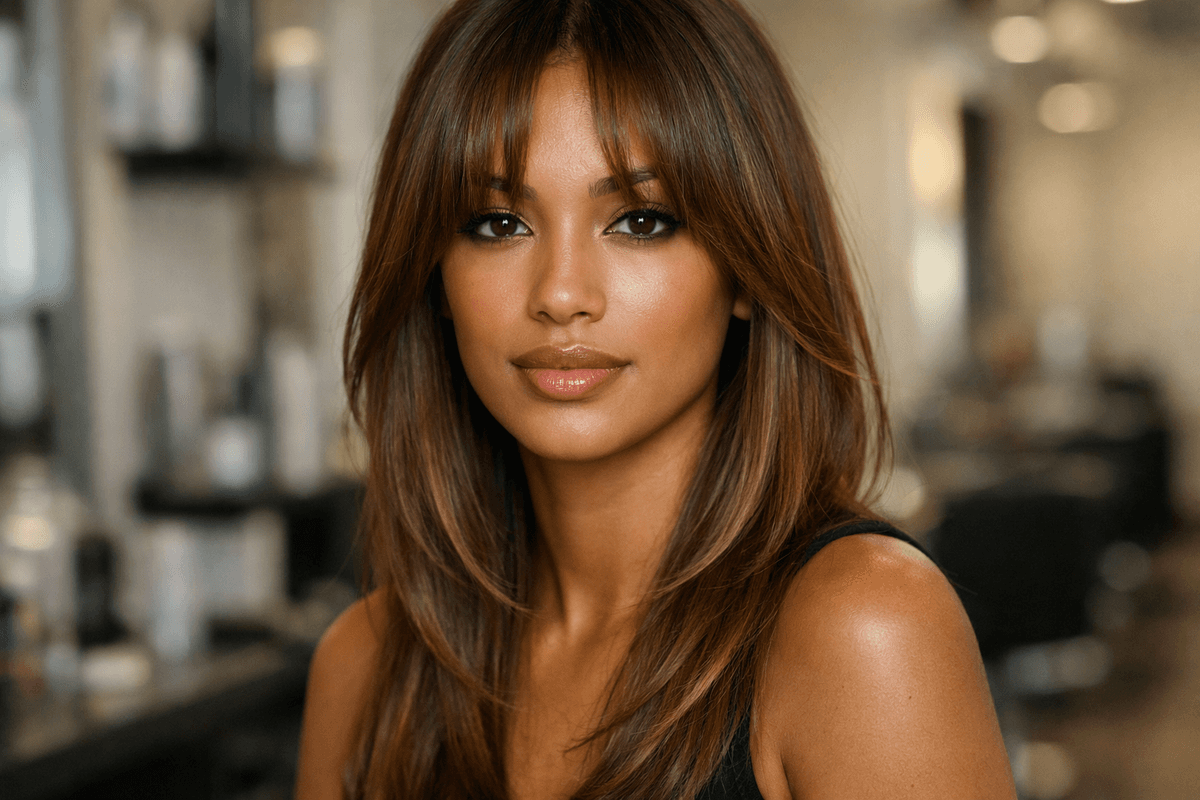 Franja cortina em cabelo liso mel com divisão central e camadas graduais em mulher com rosto longo