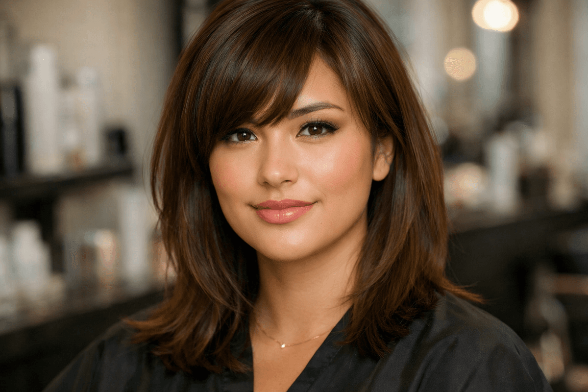 Franja lateral em cabelo liso castanho com queda diagonal suave em mulher com rosto redondo