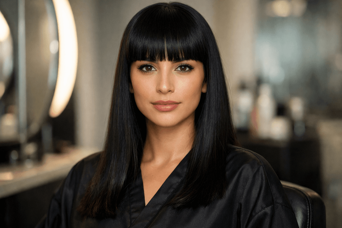 Franja reta precisa em cabelo liso preto de mulher com rosto oval e testa balanceada
