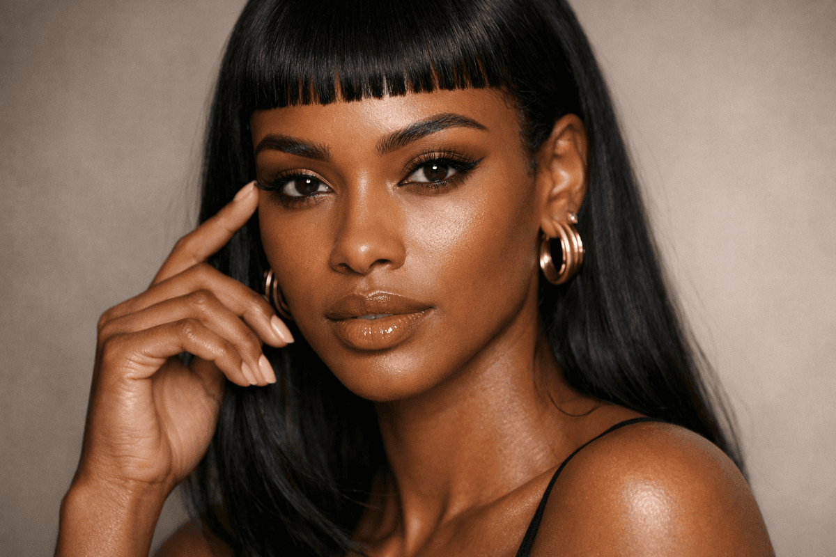 Franja curta baby bangs em cabelo liso preto de mulher com rosto oval e terços faciais equilibrados