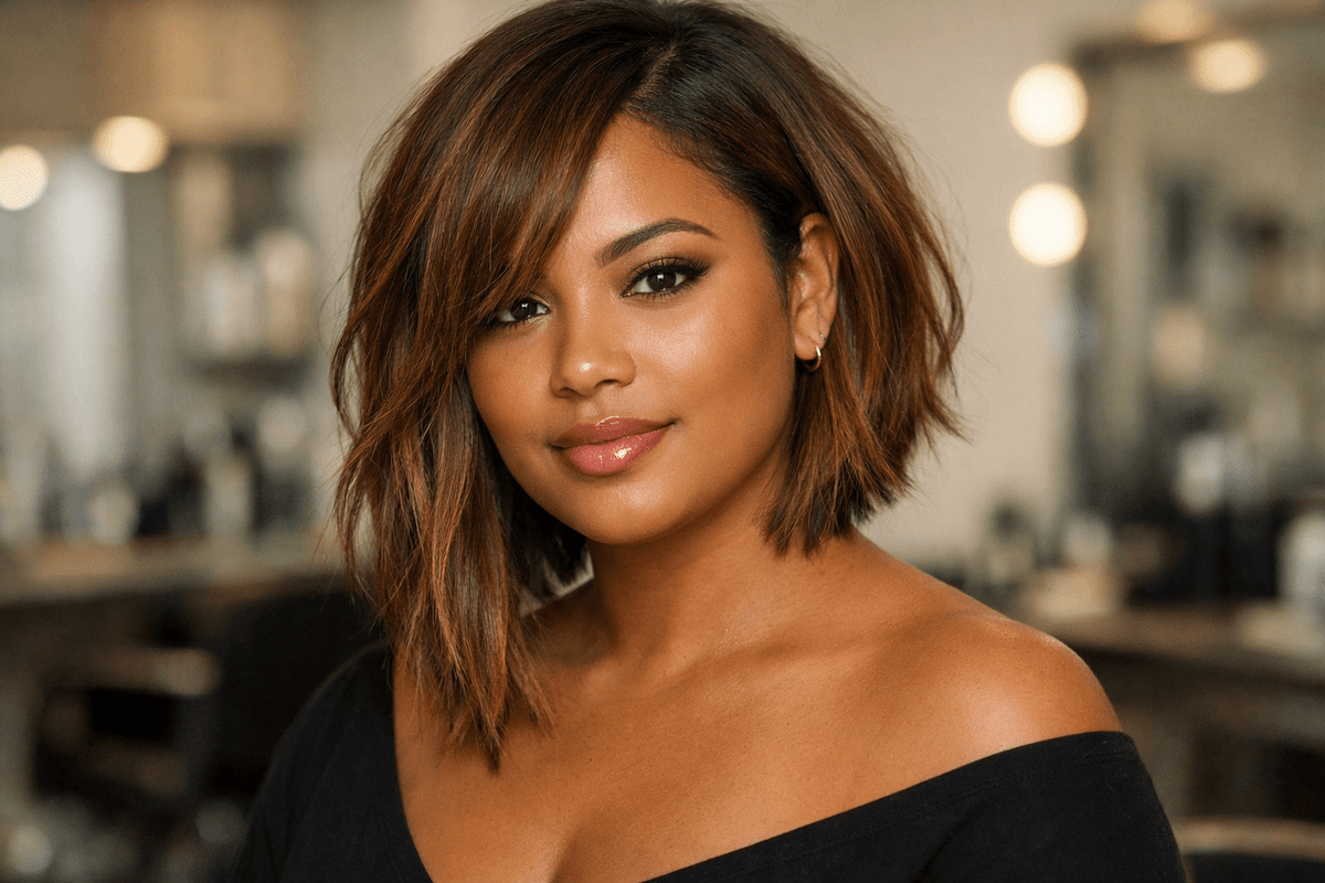Long bob assimétrico em mulher com rosto redondo e cabelos ondulados criando alongamento facial
