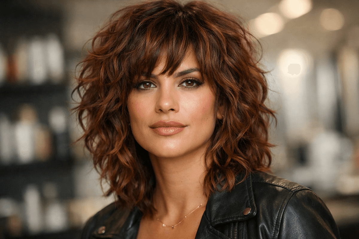 Corte shag texturizado em mulher com rosto quadrado e cabelos cacheados suavizando mandíbula angular