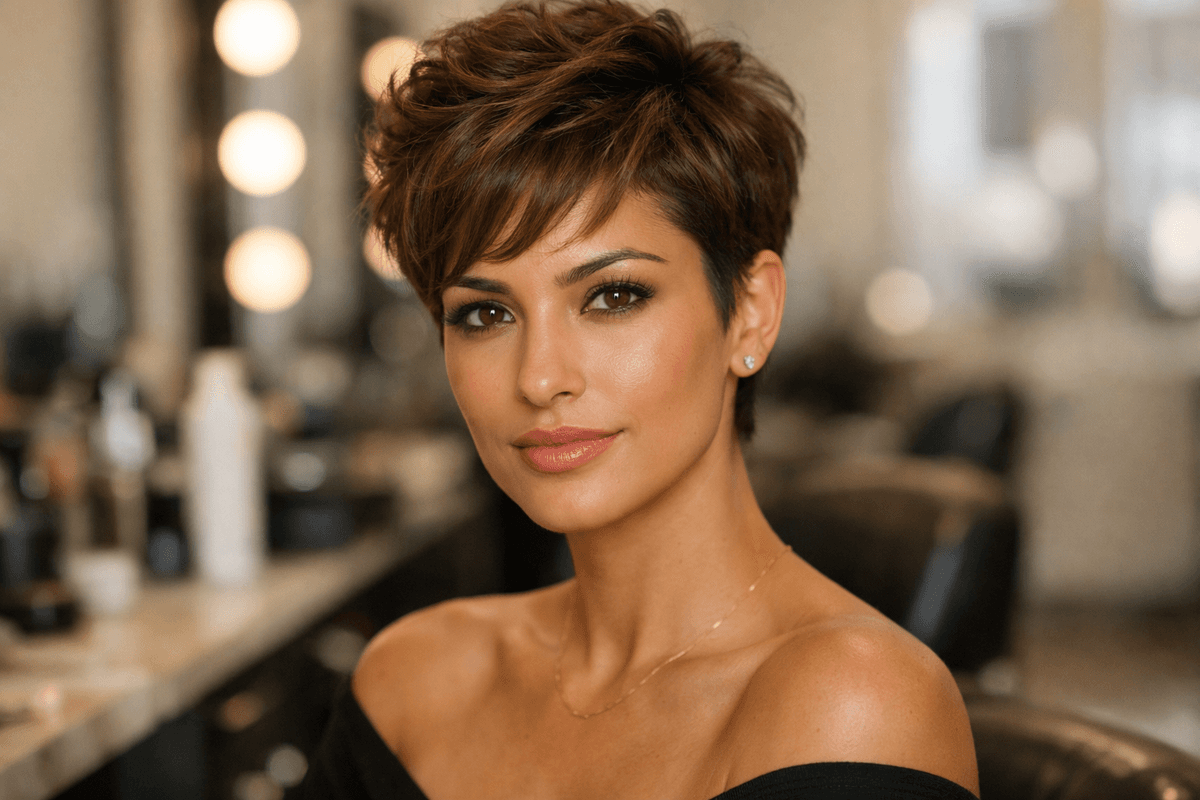 Pixie volumoso em mulher com rosto diamante equilibrando maçãs do rosto proeminentes