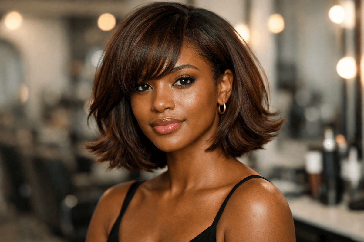 Long bob com pontas viradas em mulher com rosto coração equilibrando testa e queixo