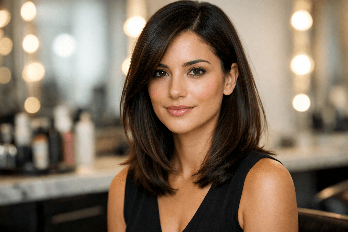 Corte long bob em mulher com rosto oval e cabelos lisos escuros mostrando equilíbrio facial