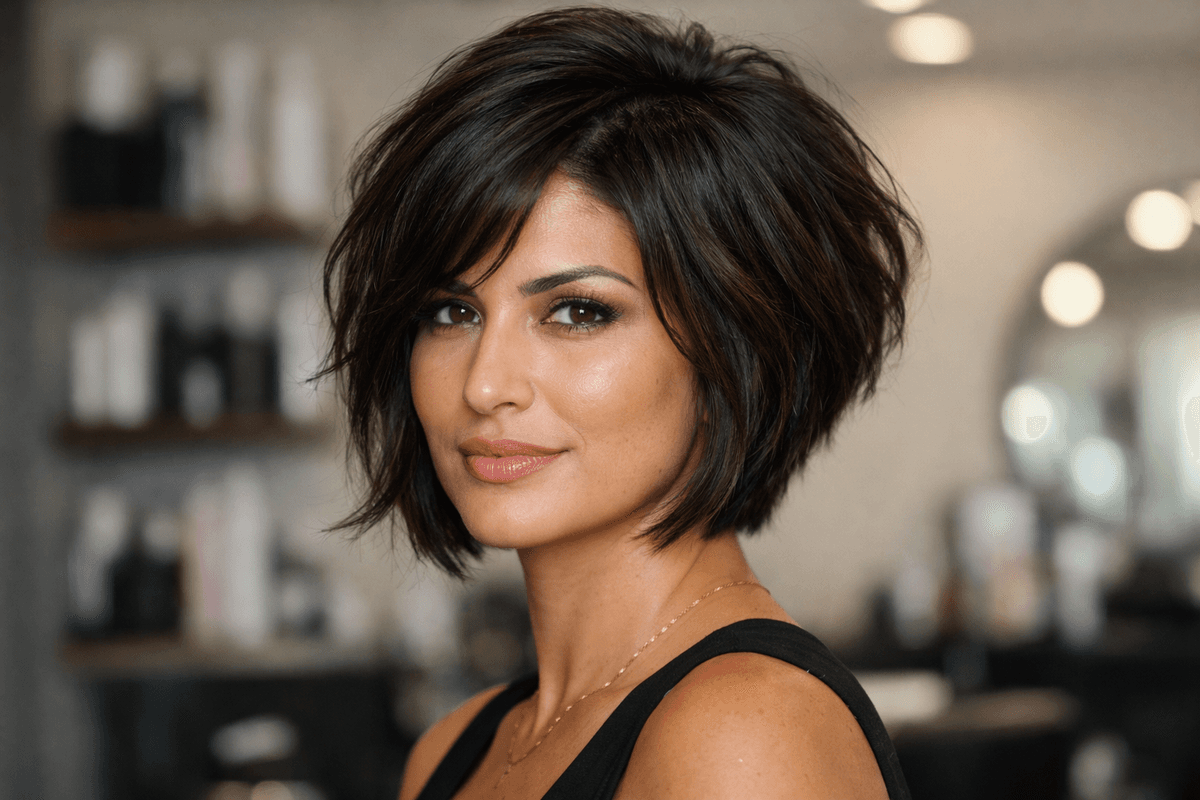Bob em A com volume superior em mulher com rosto triangular invertendo proporções