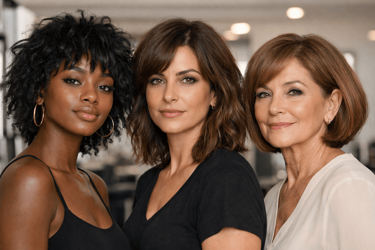 Comparação de três mulheres de idades diferentes com cortes adequados a cada fase da vida
