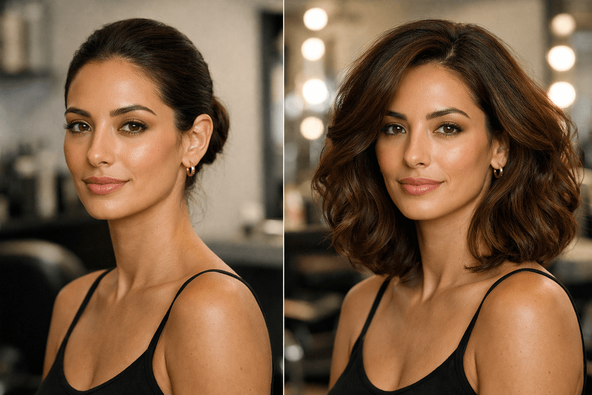 Demonstração visual de proporção facial em mulher com rosto oblongo comparando volume vertical versus lateral
