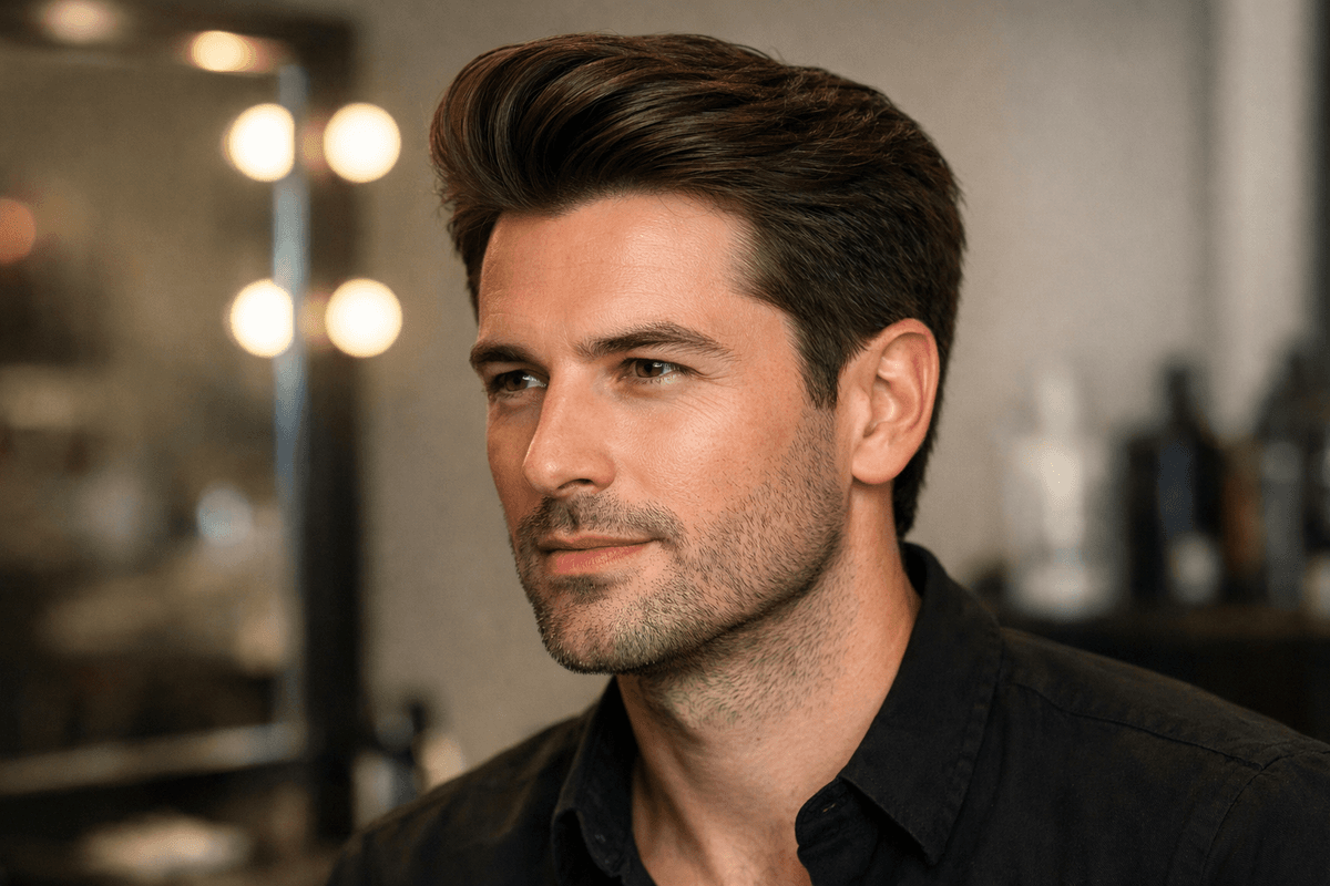 Pompadour lateral masculino para rosto fino com volume distribuído horizontalmente e laterais texturizadas, não raspadas