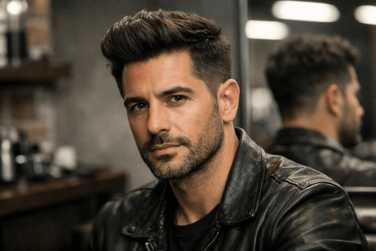 Homem com rosto fino usando degradê baixo com volume preservado nas têmporas, fade começando apenas na nuca para criar largura lateral