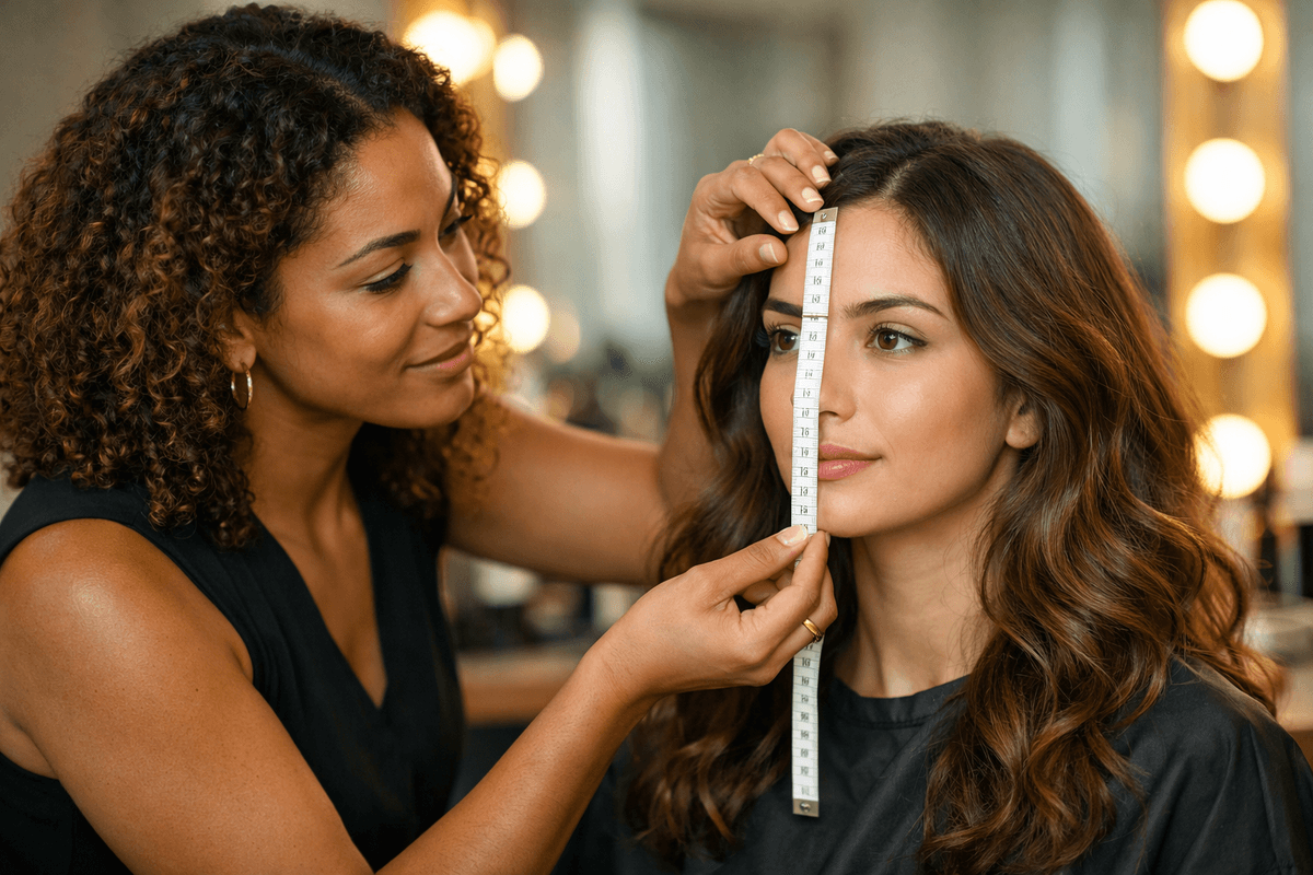 Profissional de visagismo analisando terços faciais de cliente em salão moderno