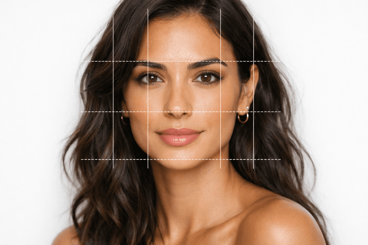 Diagrama de terços faciais em mulher com rosto oval e cabelos ondulados