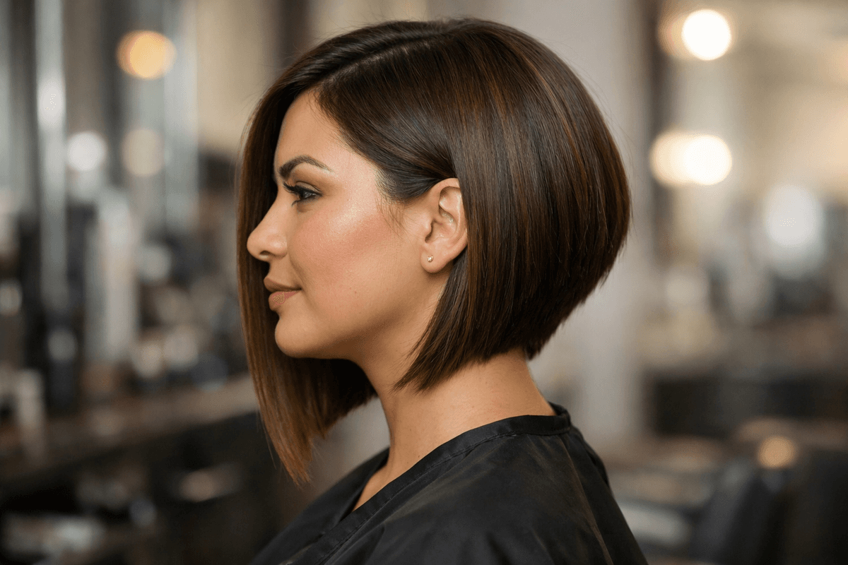 Corte long bob assimétrico em mulher com rosto redondo e cabelo castanho