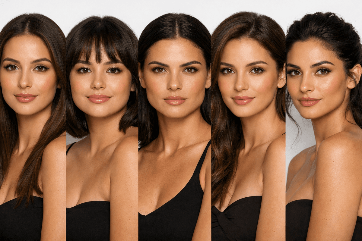 Comparação lado a lado dos cinco formatos de rosto femininos com medidas