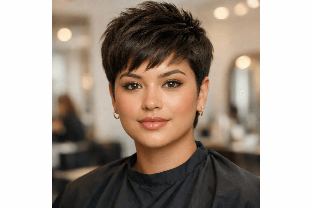 Pixie texturizado com volume no topo em mulher com rosto redondo