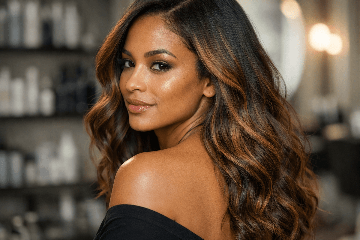 Balayage caramelo em cabelo castanho de mulher com subtom quente