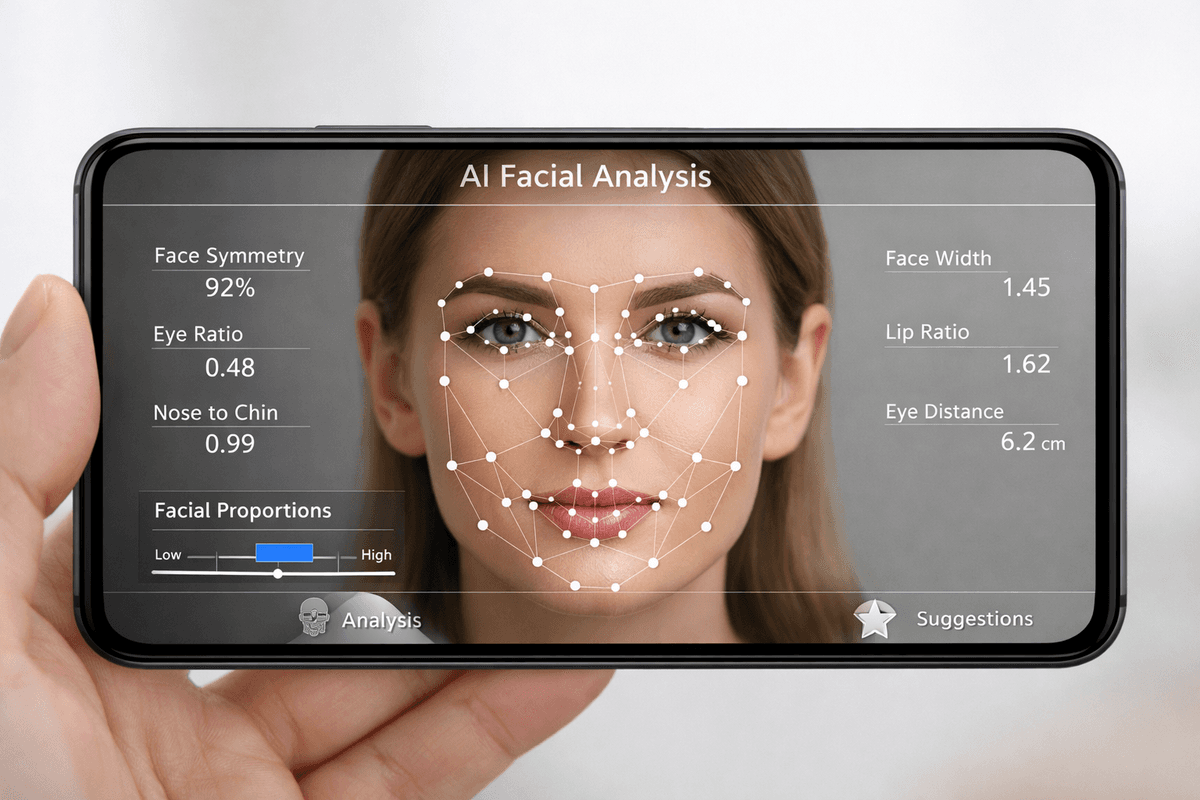 Interface de análise facial com IA mostrando os 68 pontos de mapeamento