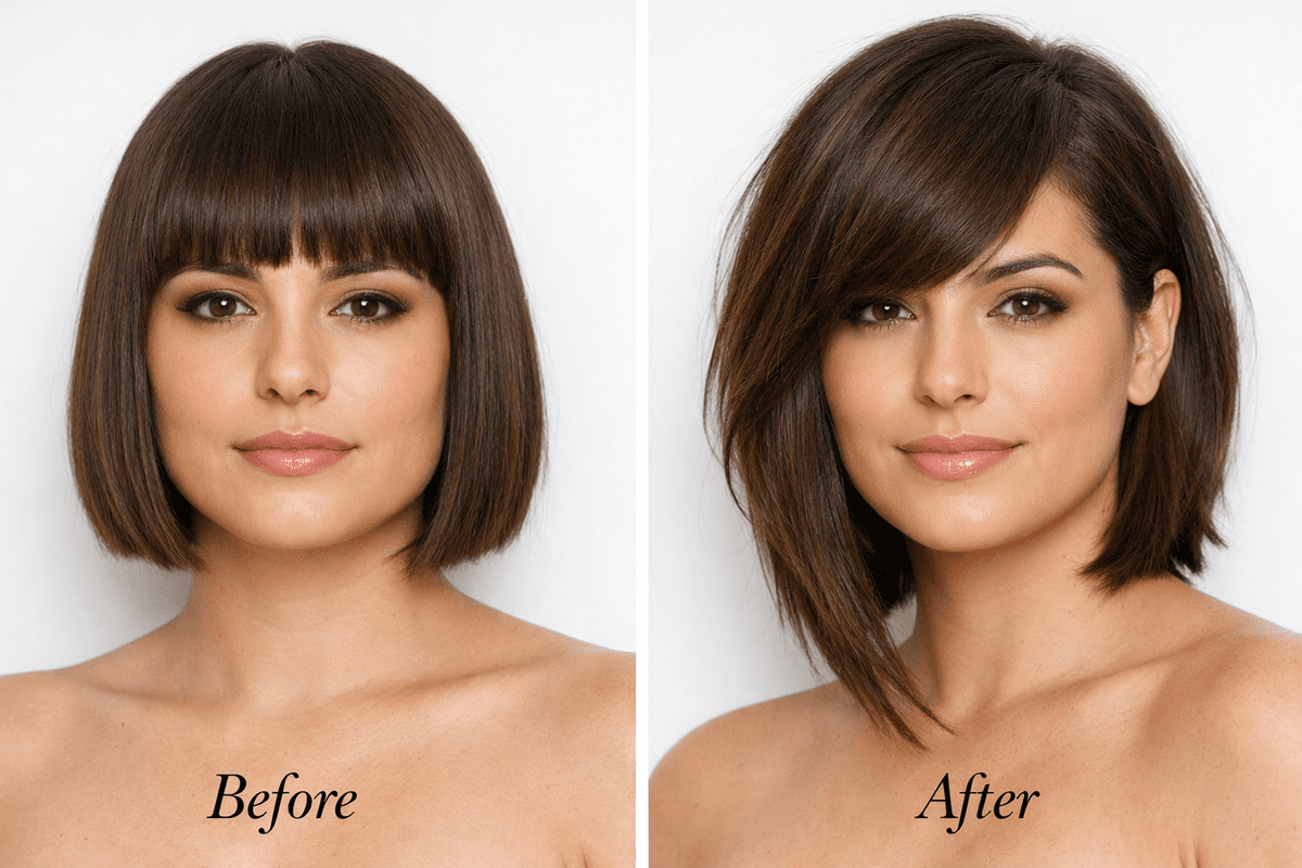 Comparação antes e depois de visagismo em mulher com rosto redondo
