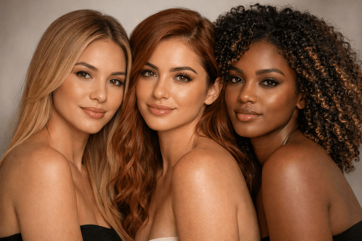 Exemplos de loiro mel, ruivo cobre e morena iluminada em três mulheres com tons de pele diferentes