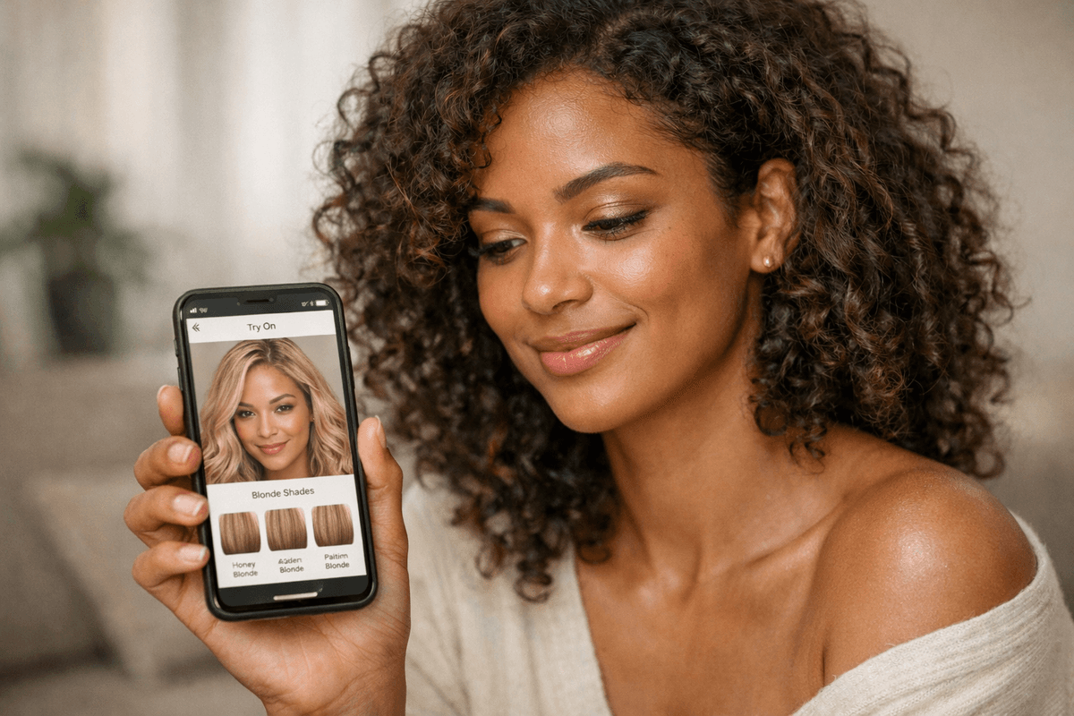 Mulher usando simulador de cor de cabelo no smartphone para testar tons de loiro