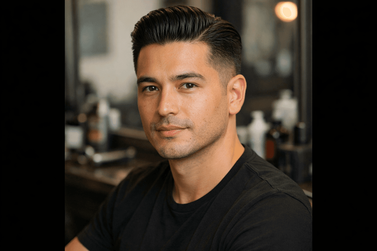 Corte undercut clássico em homem com rosto oval e cabelo liso escuro