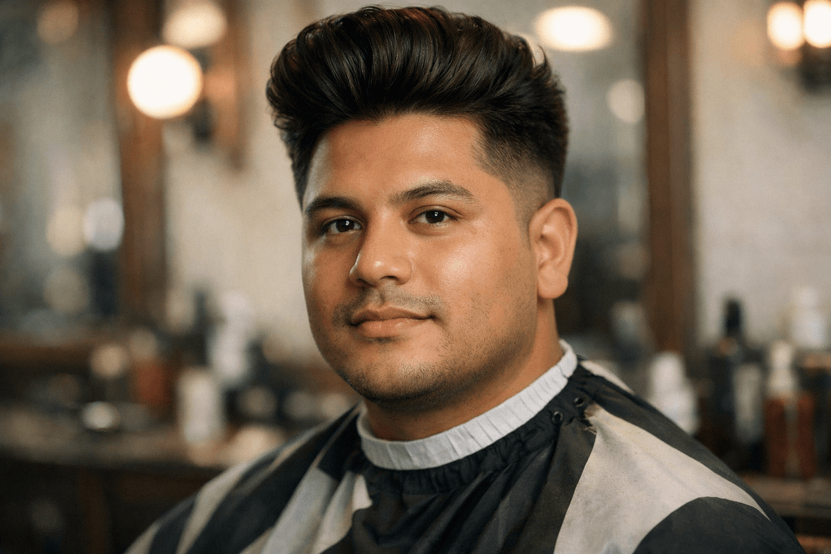 Corte pompadour com degradê lateral em homem com rosto redondo e barba desenhada