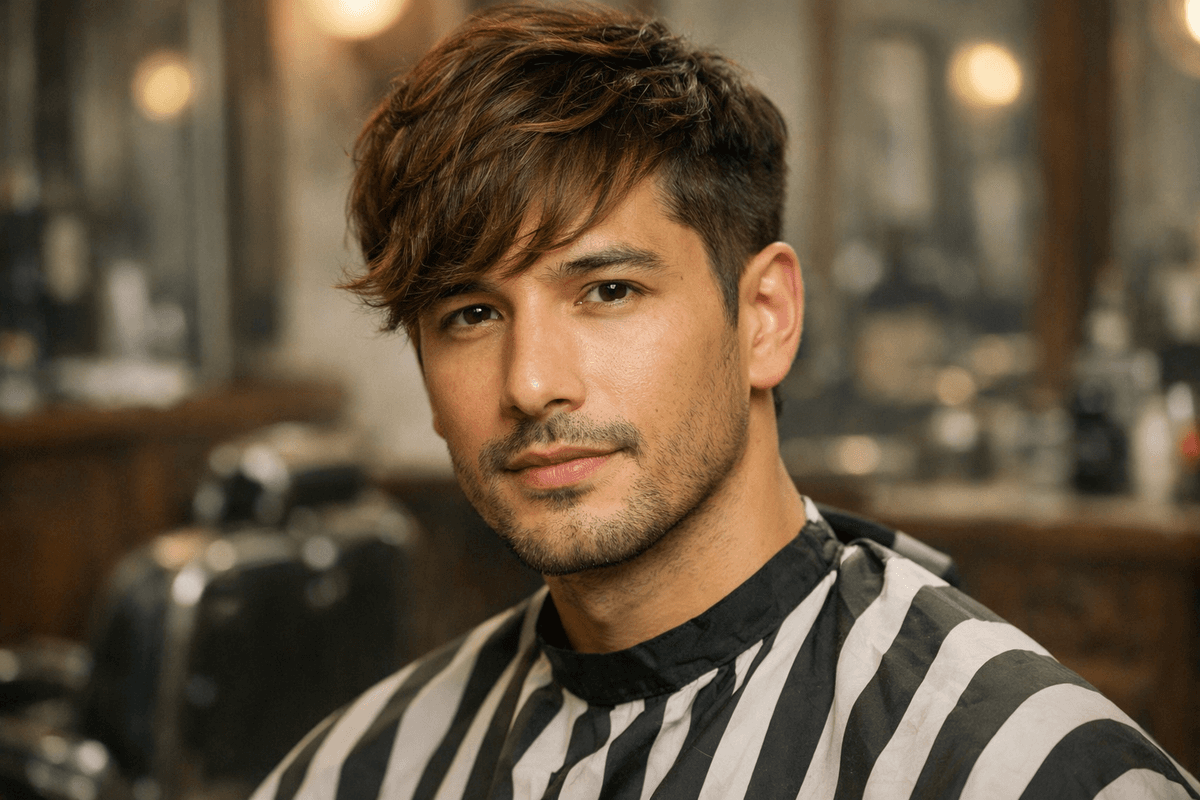 Corte médio com franja lateral em homem com rosto oblongo e cabelo ondulado