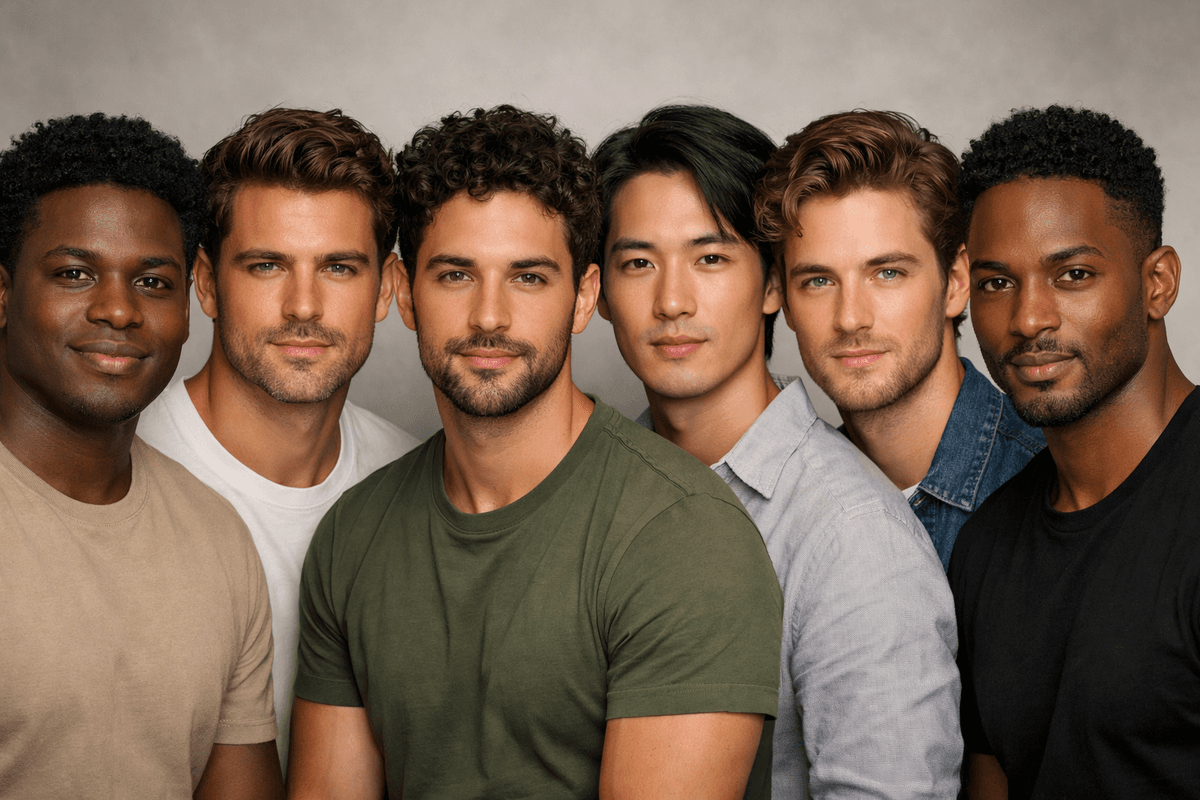 Seis homens de diferentes etnias mostrando os formatos de rosto redondo, quadrado, oval, oblongo, triangular e diamante