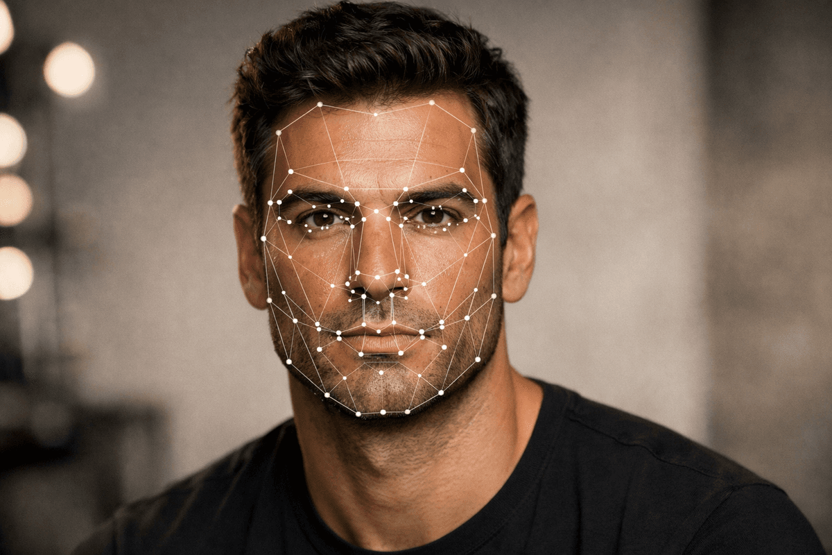 Análise de visagismo masculino com mapeamento de pontos faciais em homem de perfil
