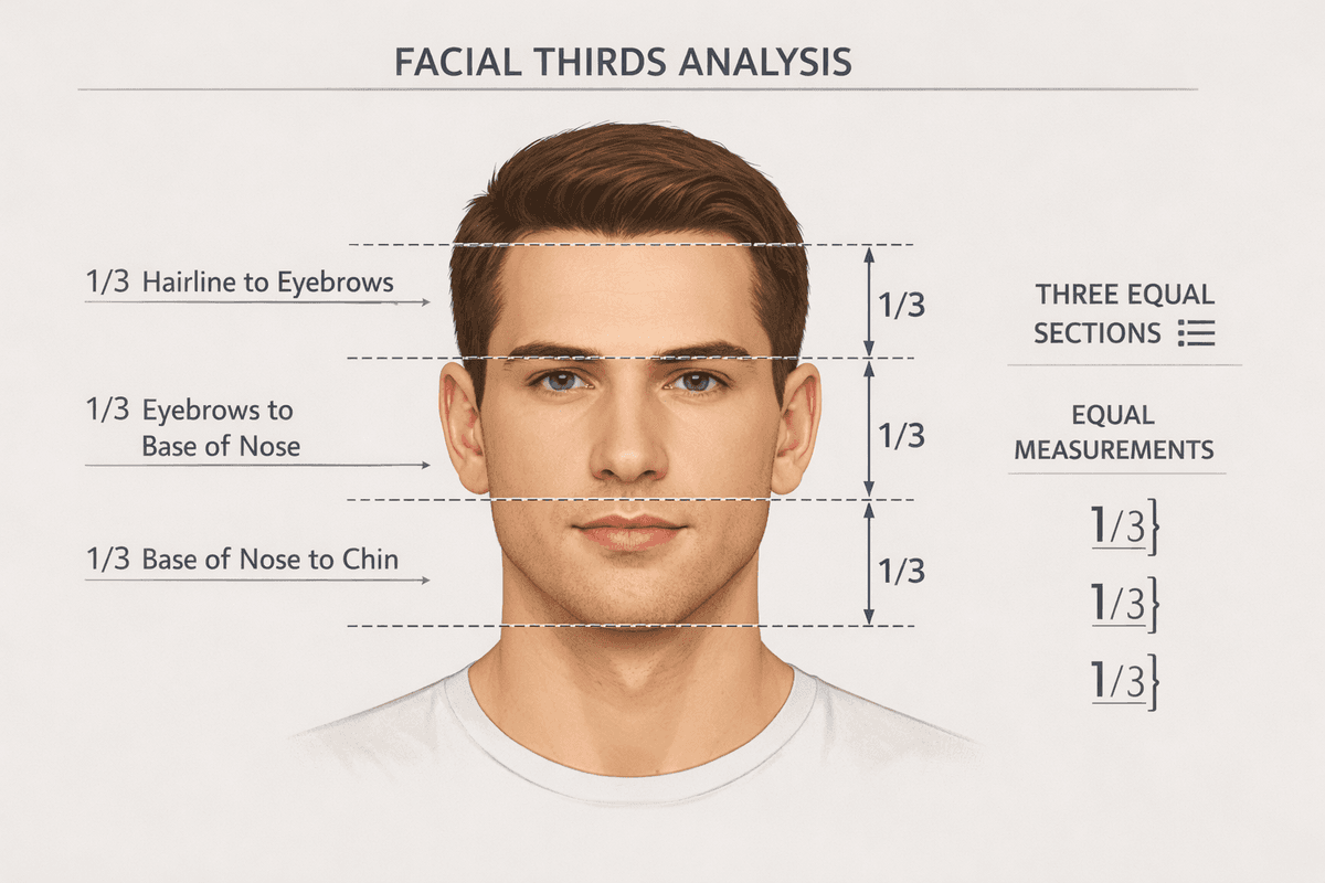Diagrama de terços faciais masculinos mostrando proporções e pontos de medição