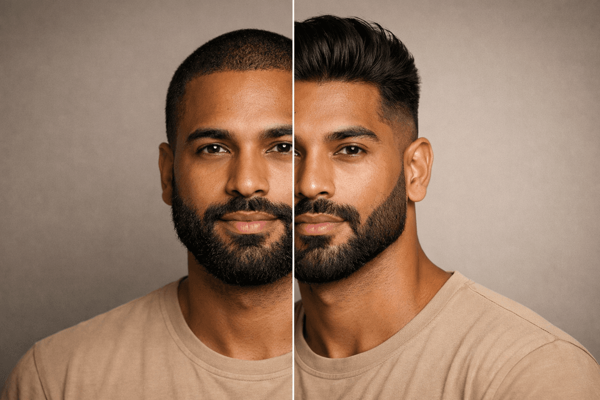 Comparação antes e depois de visagismo masculino em homem com rosto redondo mostrando mudança de corte e barba