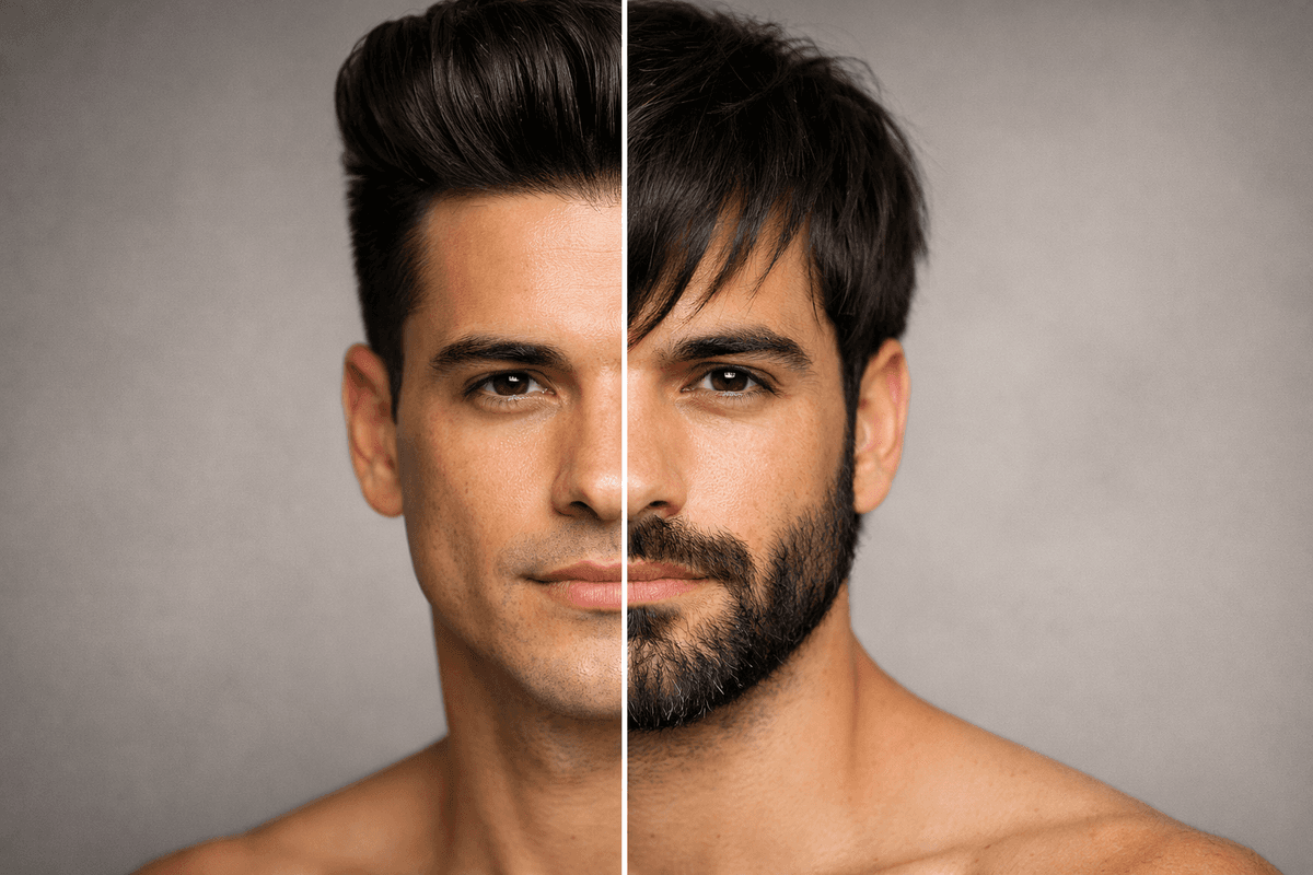 Antes e depois de visagismo masculino em homem com rosto oblongo mostrando correção de proporções