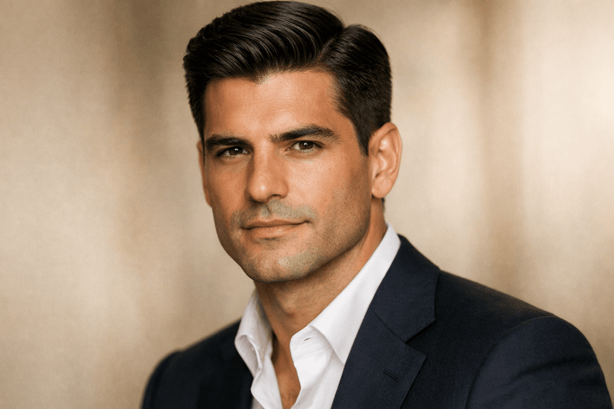 Homem com corte old money clássico, side part definido e laterais texturizadas