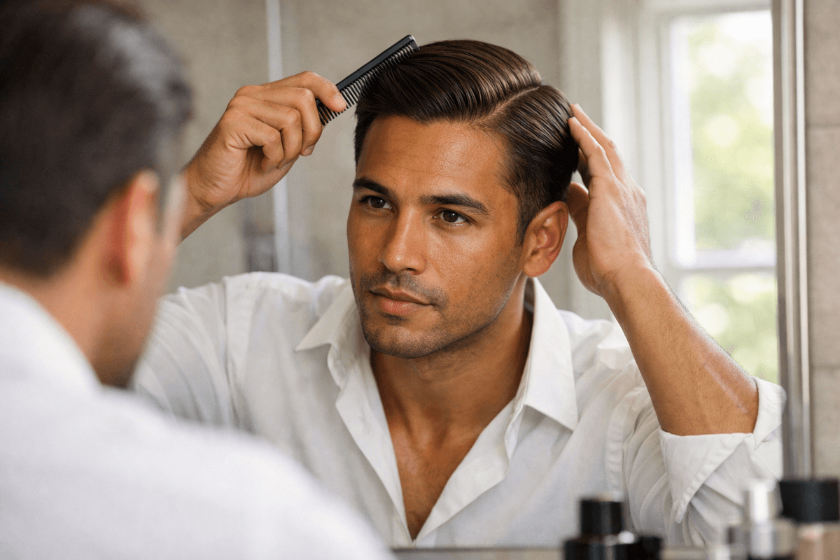 Homem penteando cabelo com side part, demonstrando técnica de manutenção diária