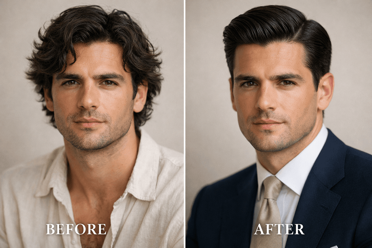 Comparação antes e depois do corte old money em homem com rosto quadrado