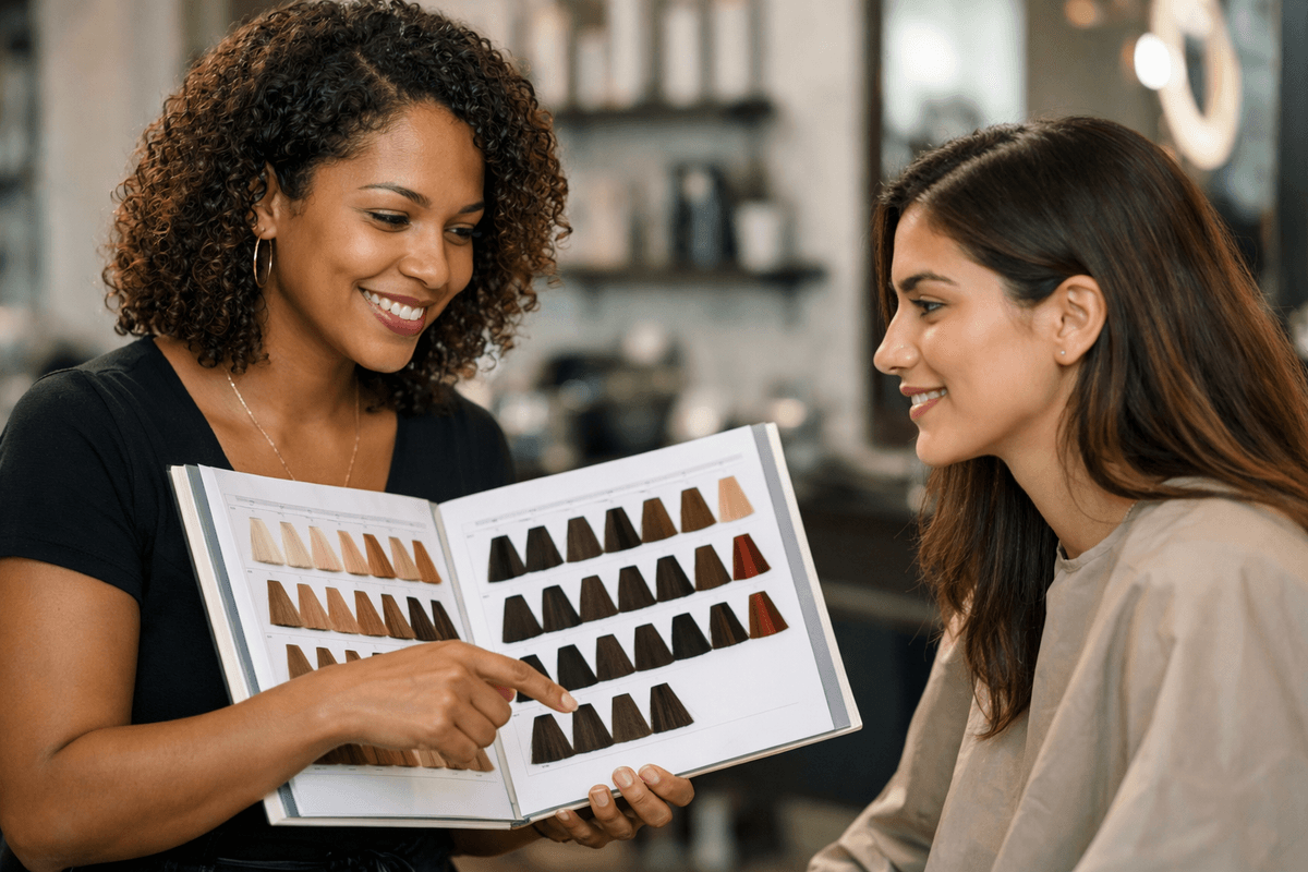Profissional de beleza mostrando carta de cores de coloração para cliente em salão