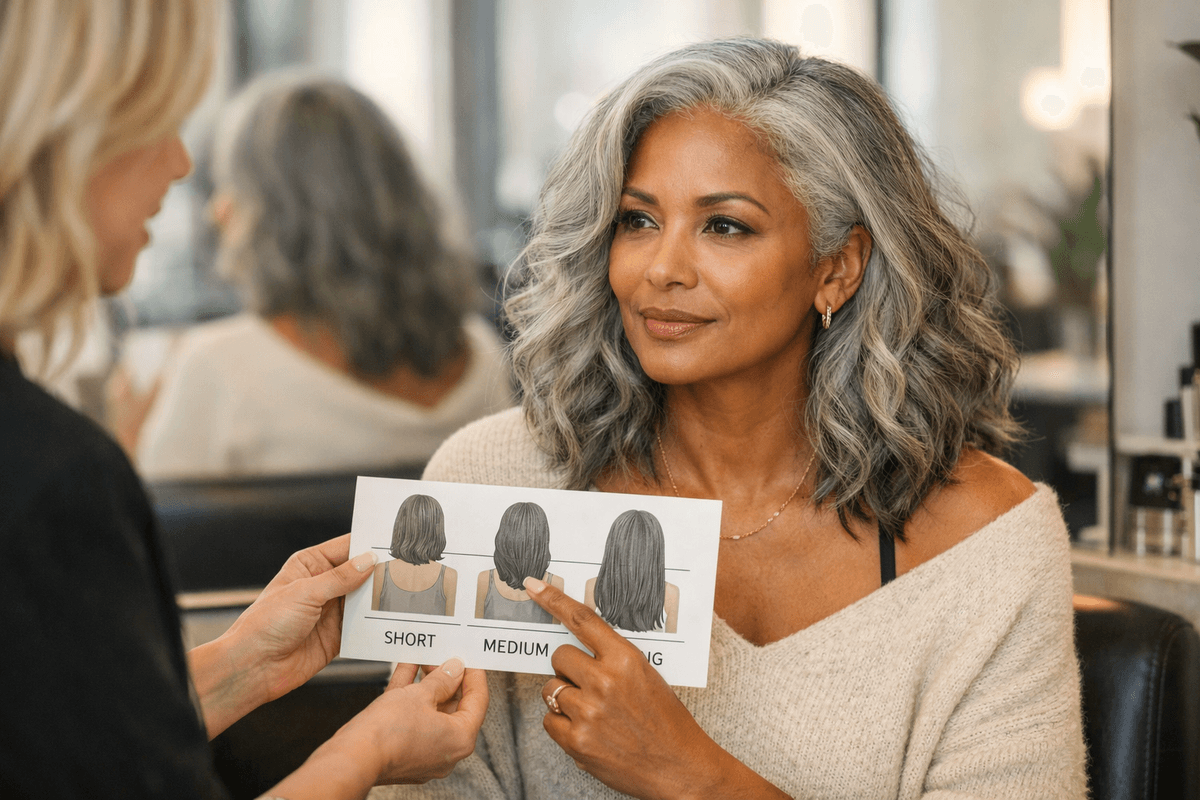 Mulher de 55 anos com cabelo grisalho analisando diferentes opções de corte em salão moderno