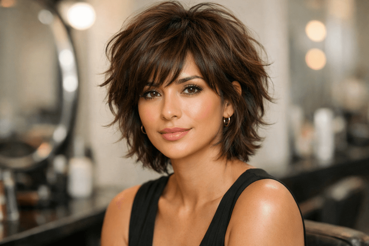 Corte repicado curto com camadas texturizadas em mulher de 55 anos com cabelo castanho