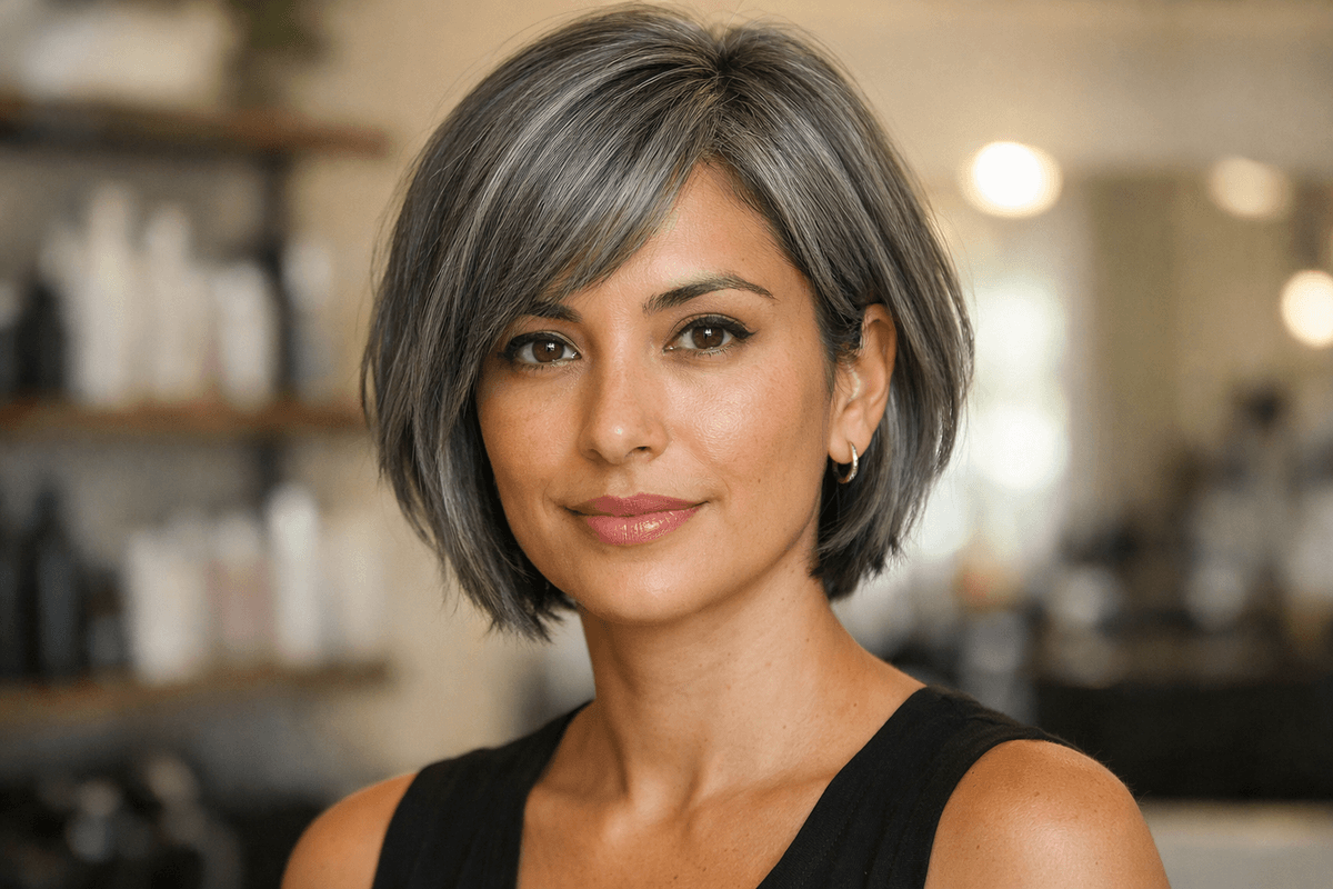 Chanel repicado curto em mulher de 65 anos com cabelo grisalho e rosto oval